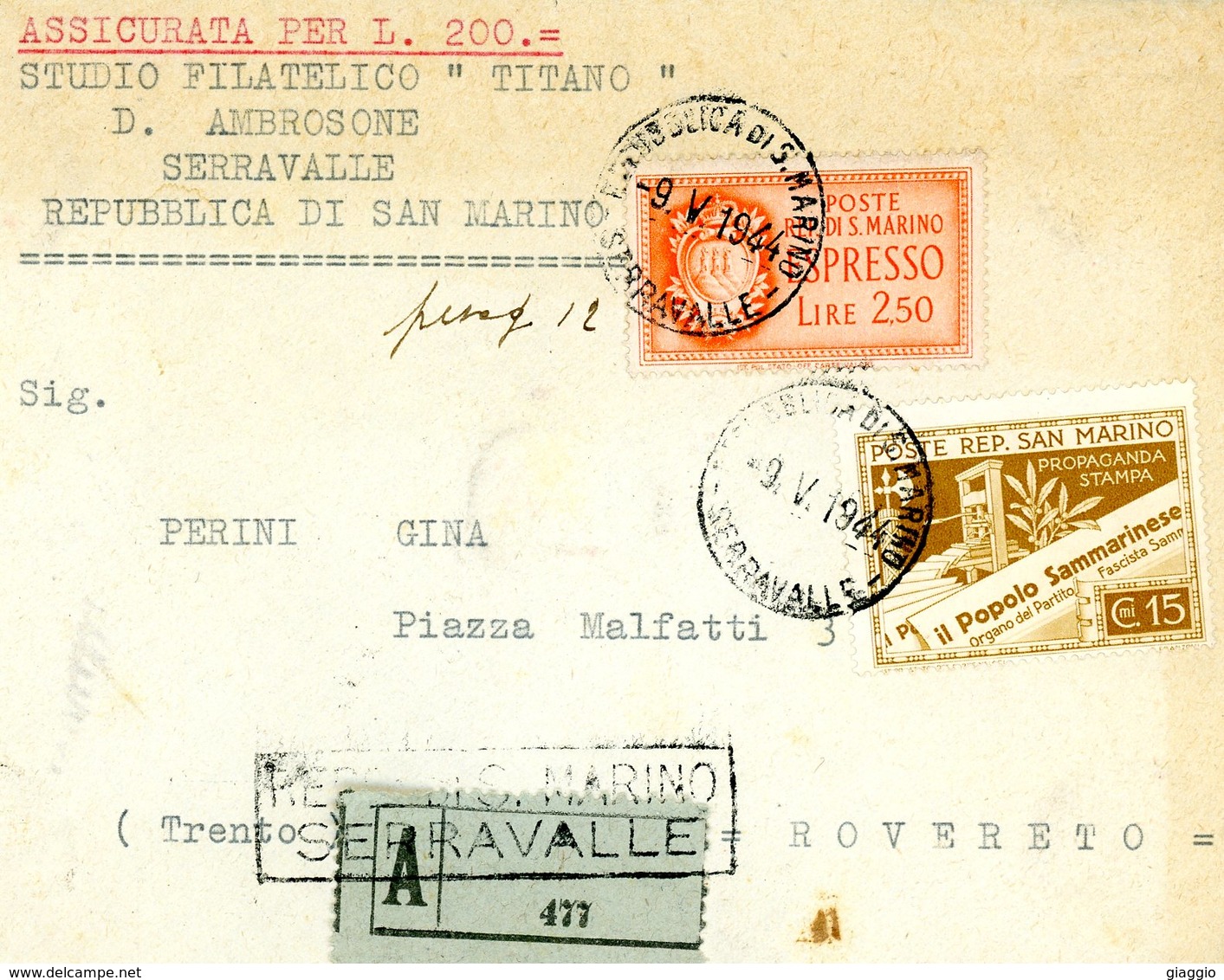 °°° Assicurata Da £ 200 Per Rovereto °°° - Storia Postale