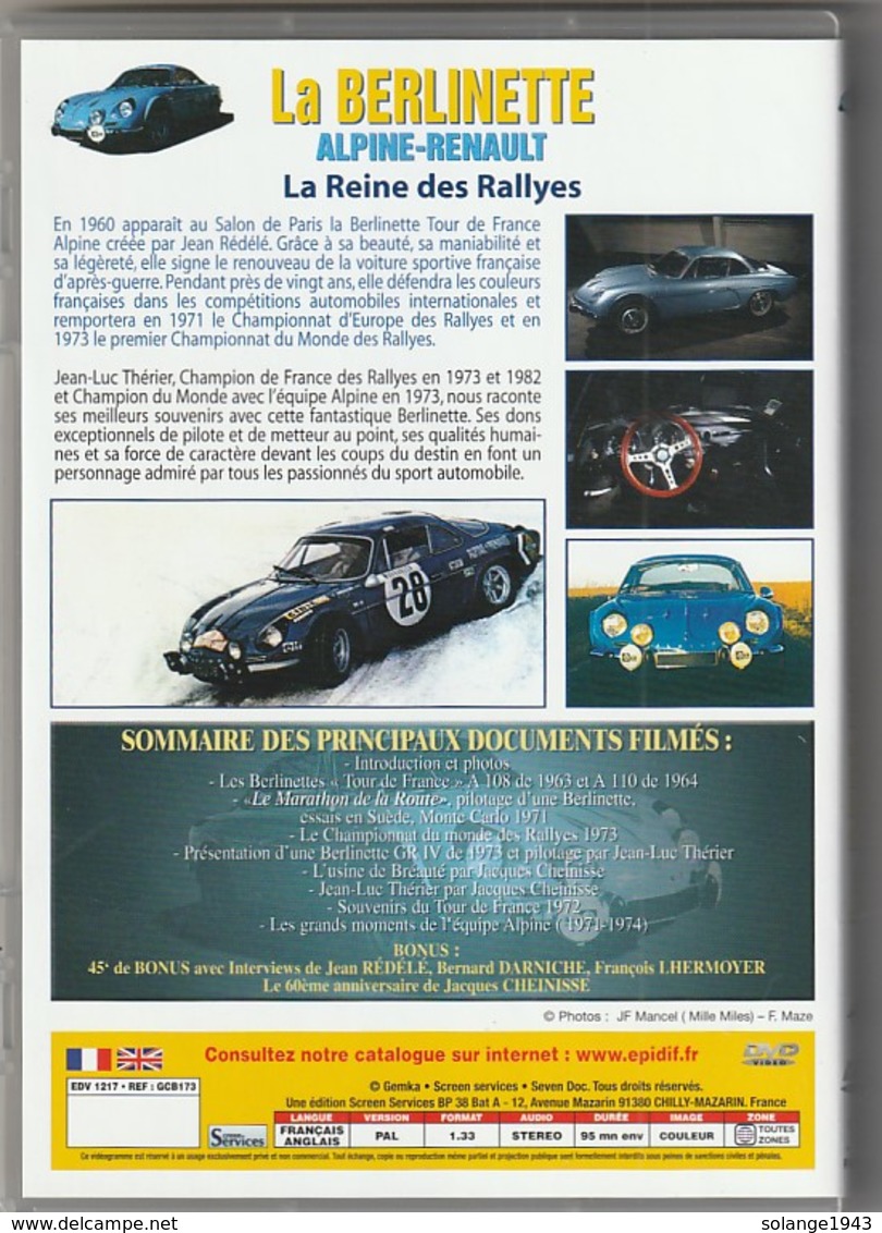 Dvd  VOITURE  ALPINE RENAULT   La Berlinette Reine De Rallye   Etat: TTB Port 110 Gr Ou 30 Gr - Documentaires