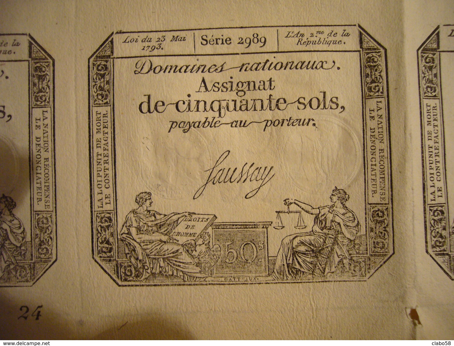 1793 REPUBLIQUE FRANCAIS Domaines Nationaux Assignat De Cinquante Sols  XILOGRAFIA  FOGLIO  38 X 50 CM - D - F