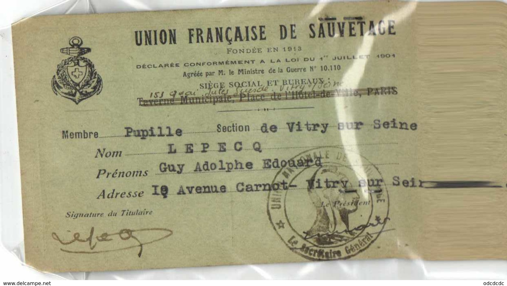 UNION FRANCAISE DE SAUVETAGE  VITRY SUR SEINE  Pupille Année 1945 1946 RV - Vitry Sur Seine