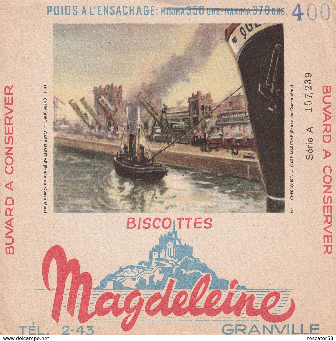 Rare Buvard Biscottes Magdeleine Granville Cherbourg - Biscottes