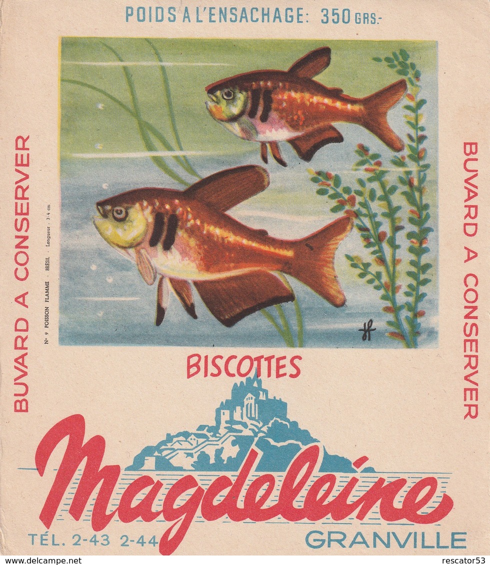 Rare Buvard Biscottes Magdeleine Granville Poisson Flamme - Biscotti