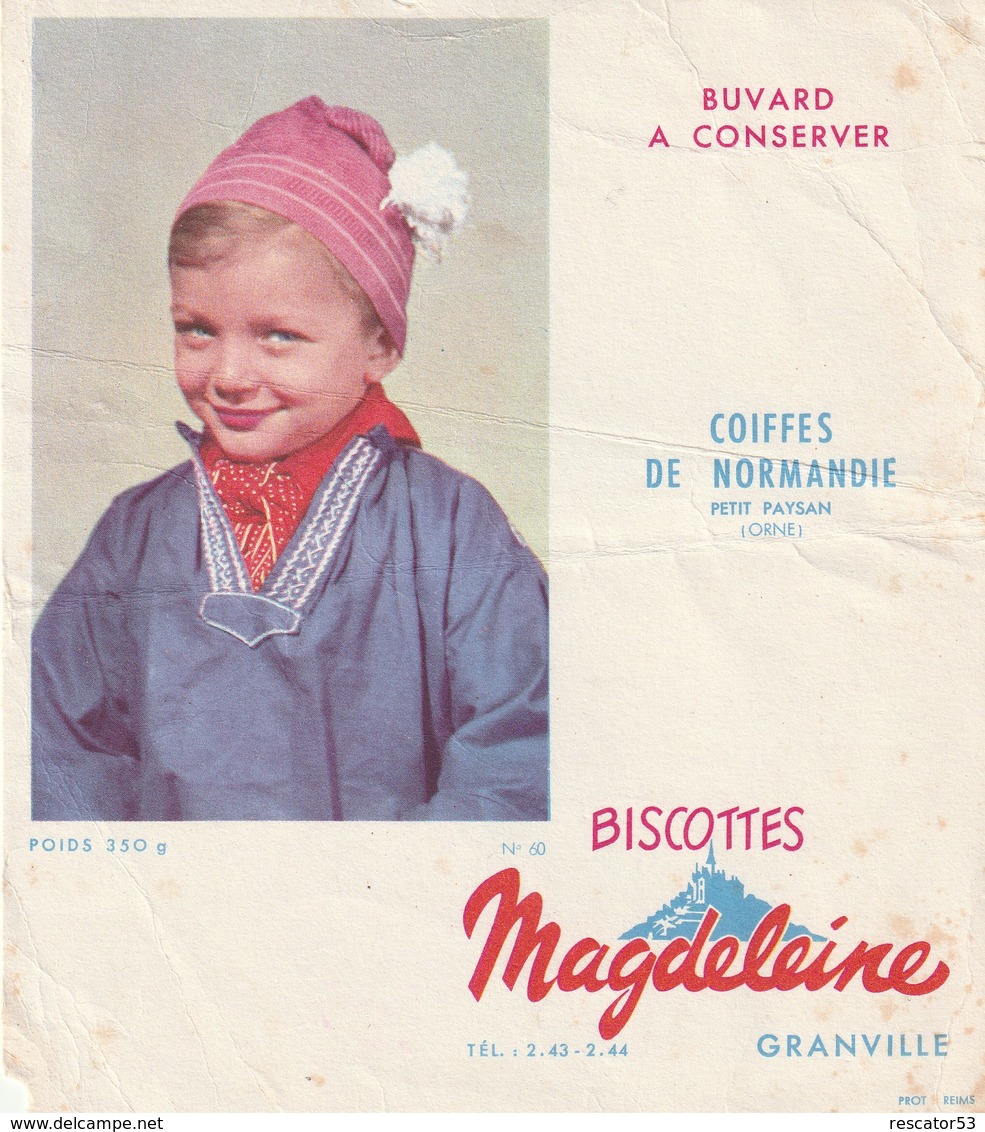 Rare Buvard Biscottes Magdeleine Granville Coiffes De Normandie Petit Paysan Orne - Biscottes