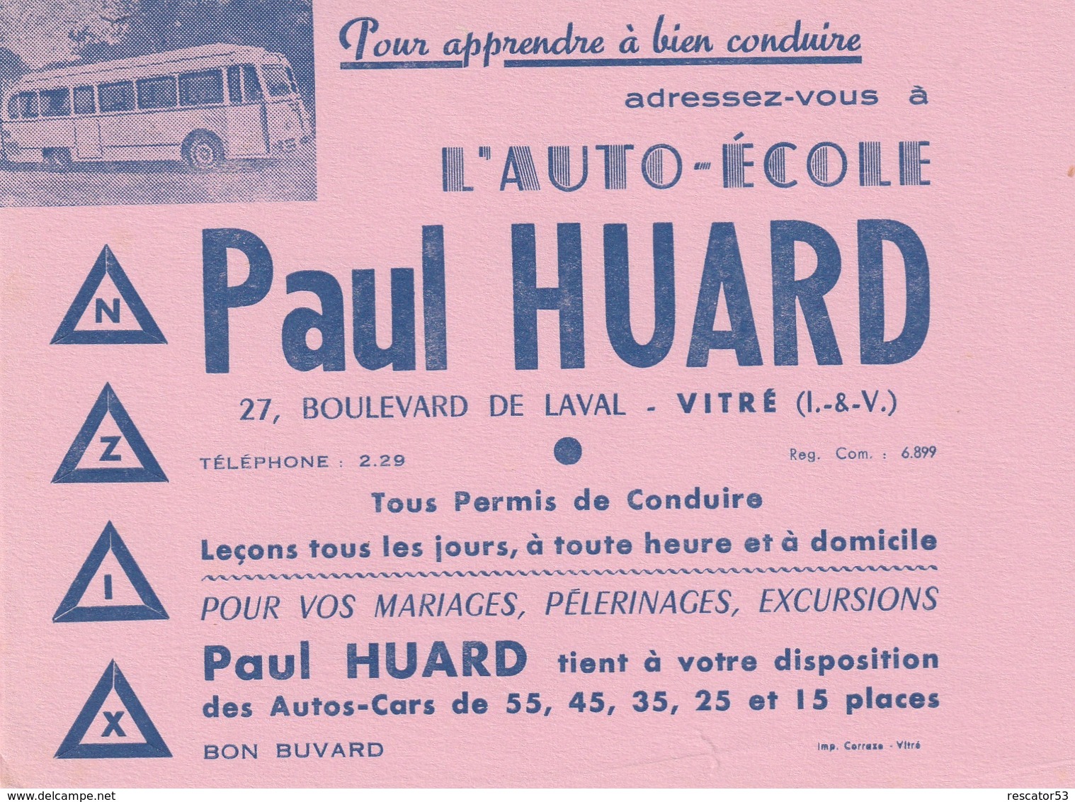 Rare Buvard Auto-école Paul Huard à Vitré - Transports