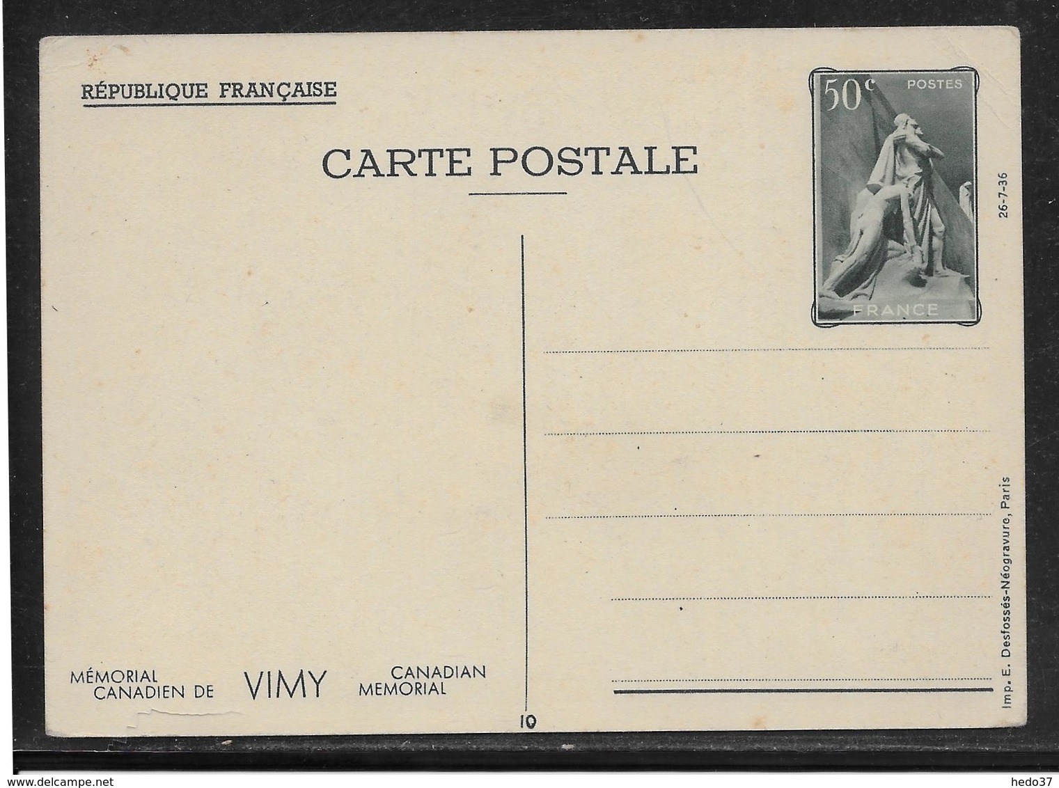 France Entiers Postaux - Carte Postale 50c Mémorial Canadien De Vimy - TB - Cartes Postales Types Et TSC (avant 1995)