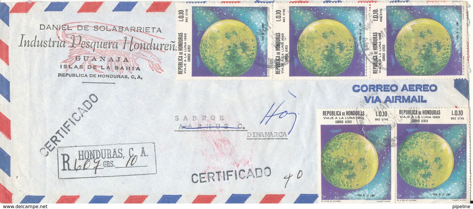 Honduras Registered Air Mail Cover Sent To Denmark 8-5-1970 (1 Of The Stamps Damaged) - Honduras