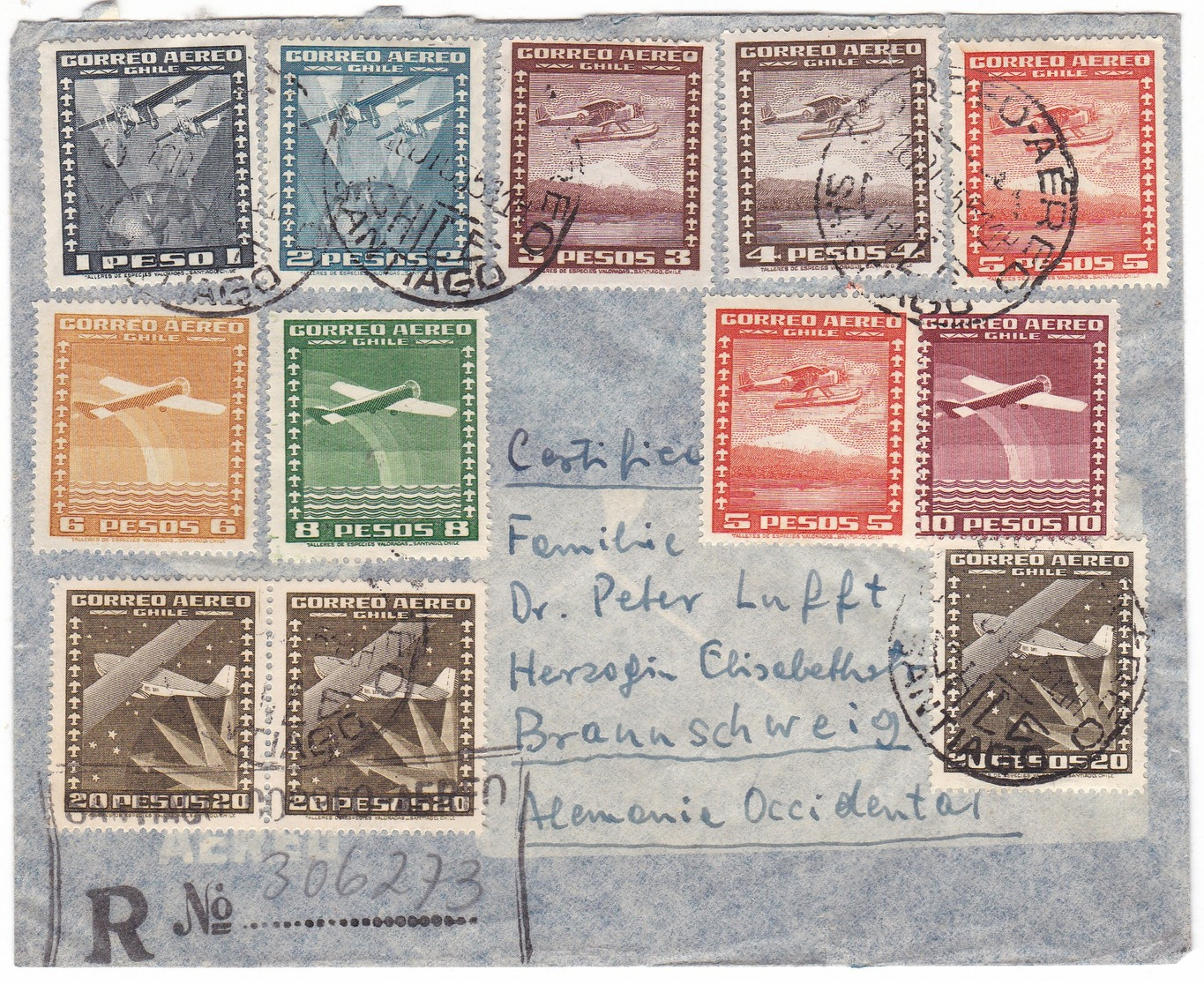 9108 Chile, Santiago De Chile Registered Cover Mailed 1955: Airplanes - Chili