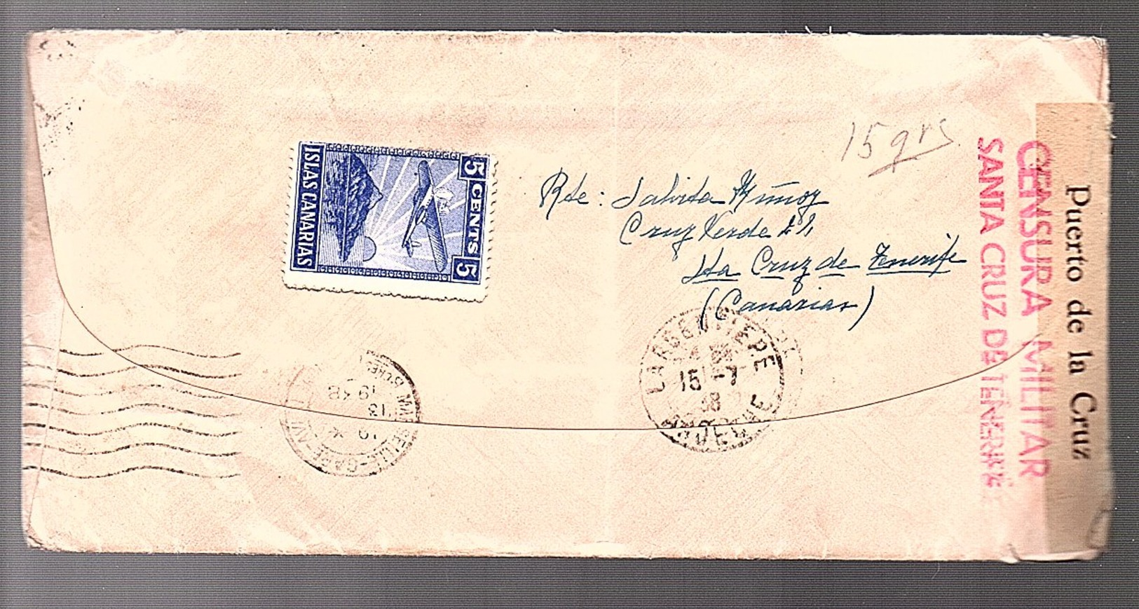 1938 Censura Military Puerto De La Cruz, Santa Cruz De Tenerife To Seuzaret L’Argentière France (6-4) - Briefe U. Dokumente