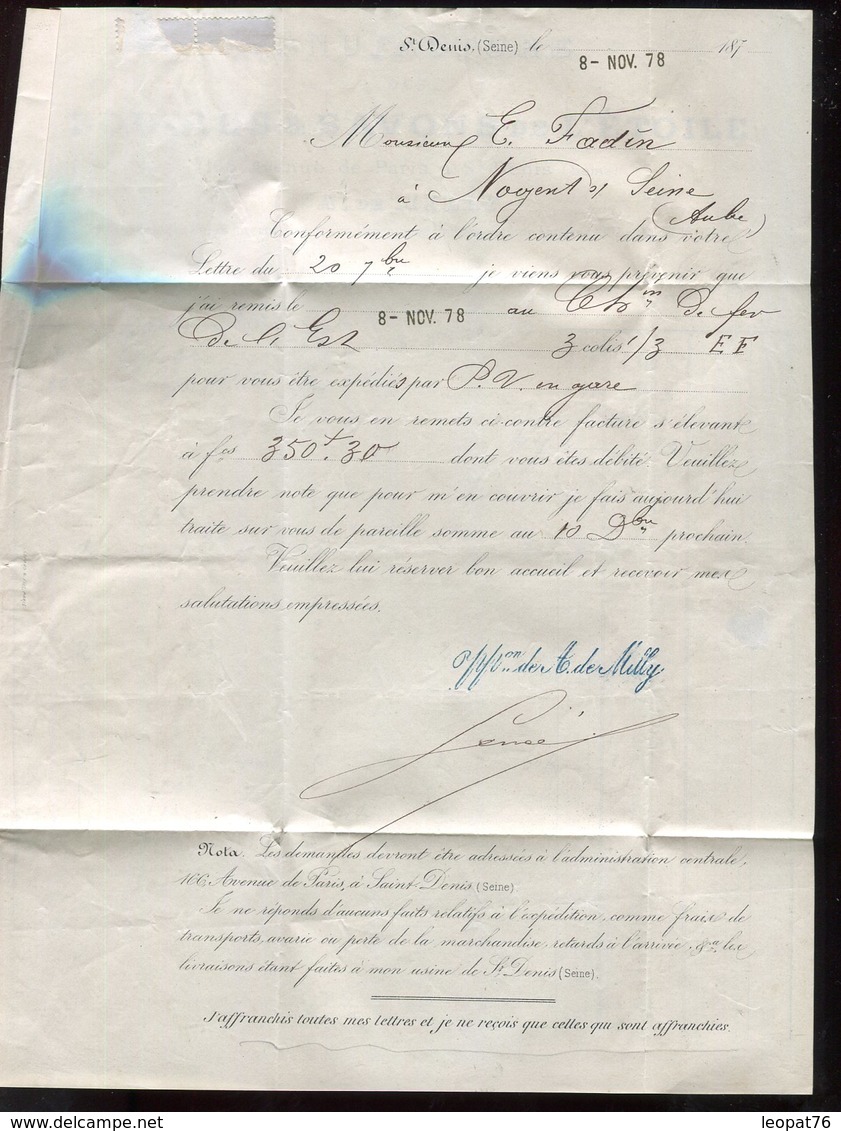 Lettre ( Avec Texte ) De Saint Denis Pour Nogent / Seine En 1878 , Obl. Bleue - N382 - 1877-1920: Période Semi Moderne