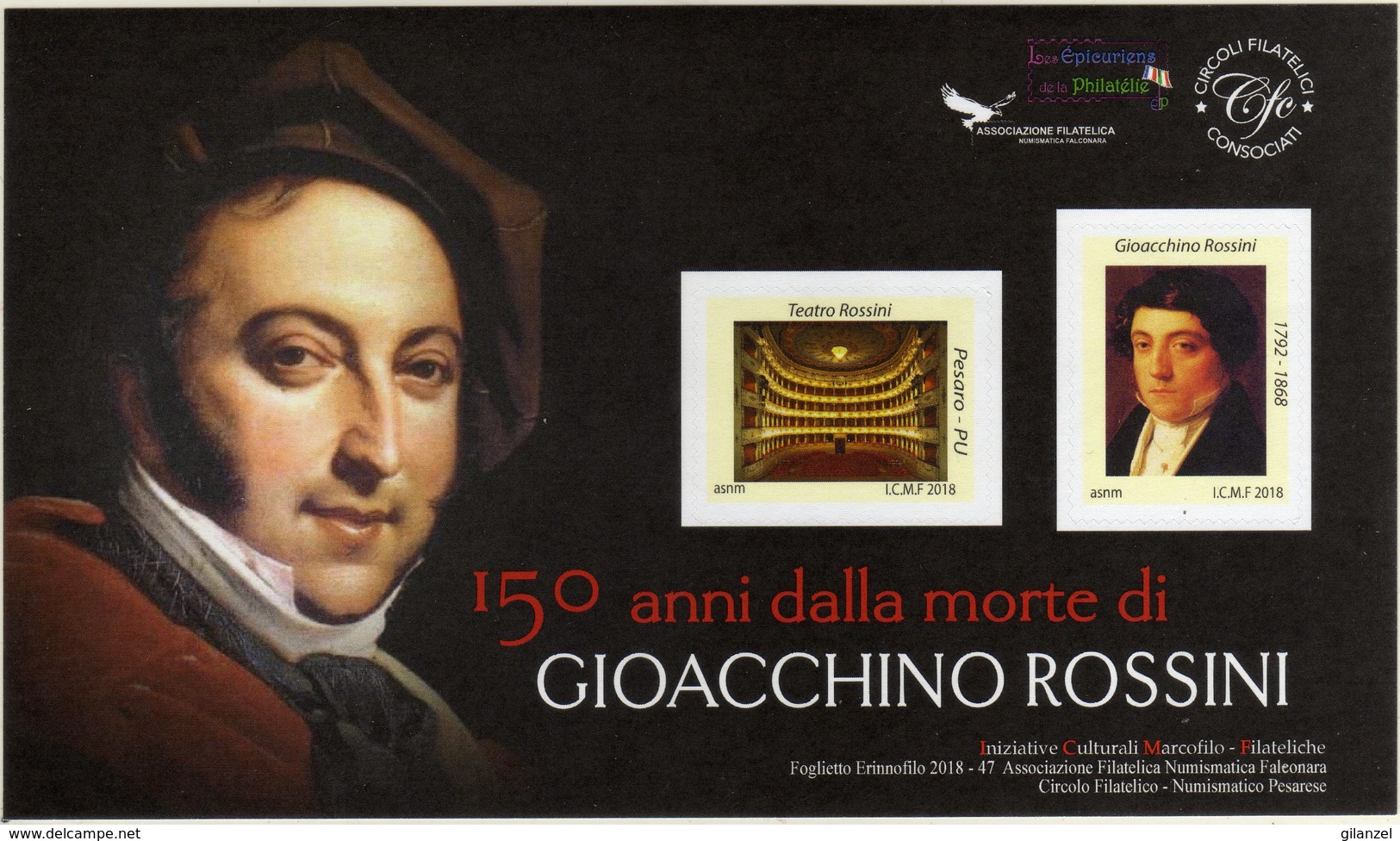 Italia 2018 150° Anniversario Morte Gioachino Rossini Compositore Foglietto Erinnofilo - Musica