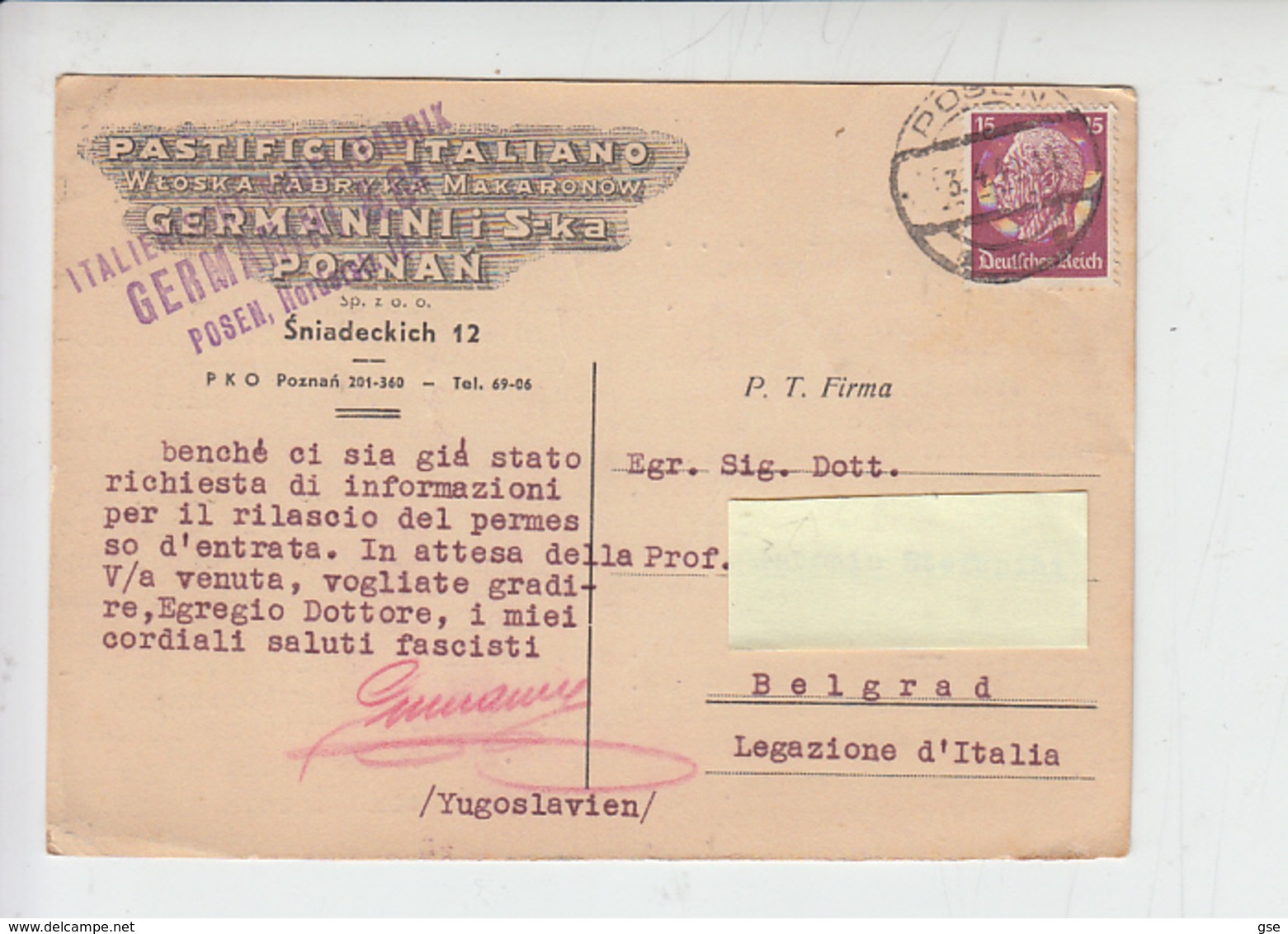 GERMANIA  OCCUPAZIONI 1940  - Cartolina - Pastificio Italiano - Poznan - Alimentazione