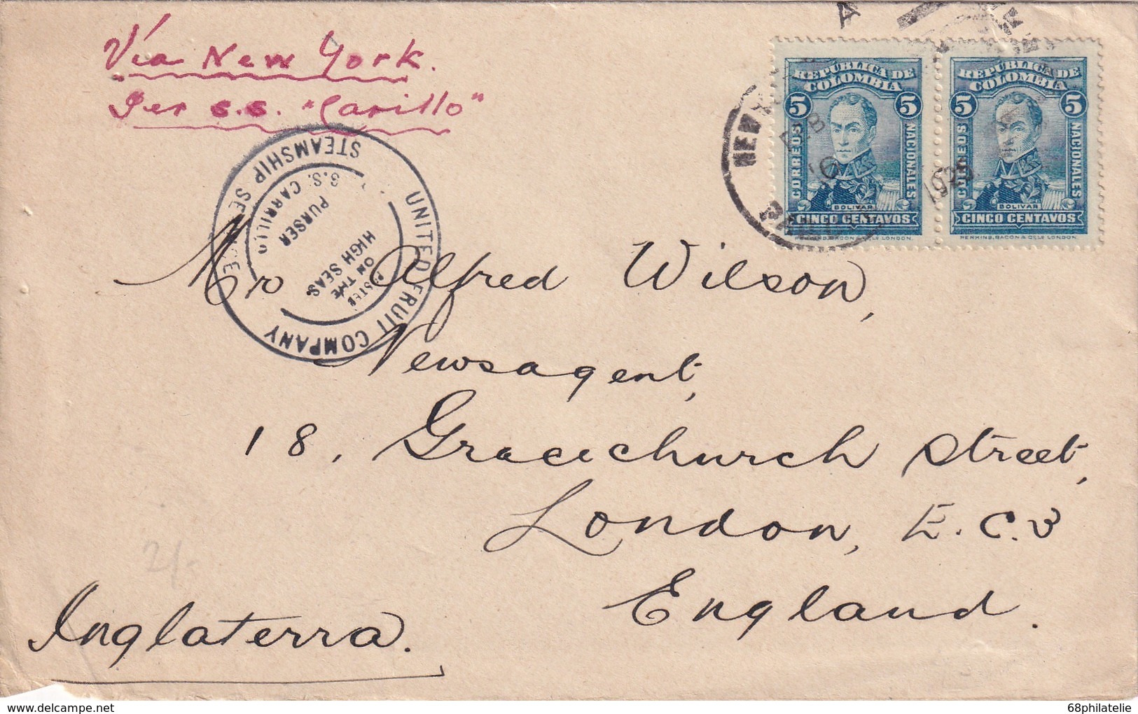 COLOMBIE 1925 LETTRE DE BARRANQUILLA POUR LONDRES VIA NEW-YORK PAR S.S.  CARRILLO - Colombie