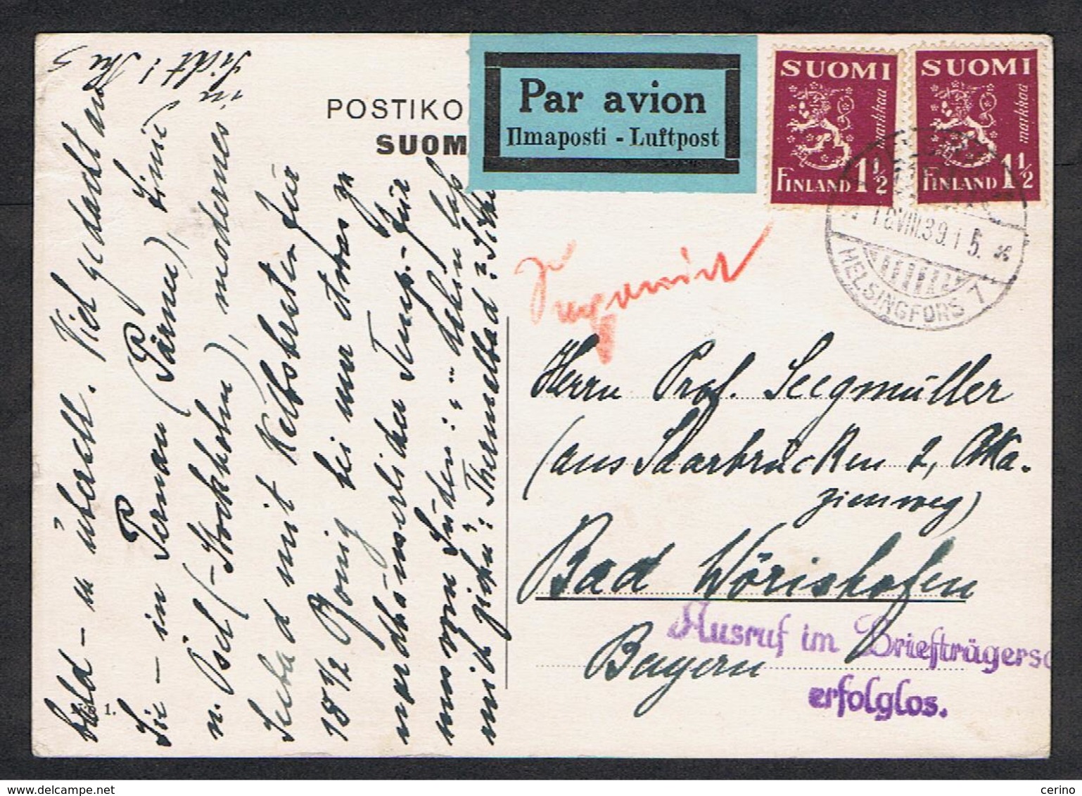 FINLANDIA:  1939  CARTOLINA  POSTALE  PAR  AVION  CON  1 M. (150x2)  -  PER  LA  GERMANIA - Interi Postali