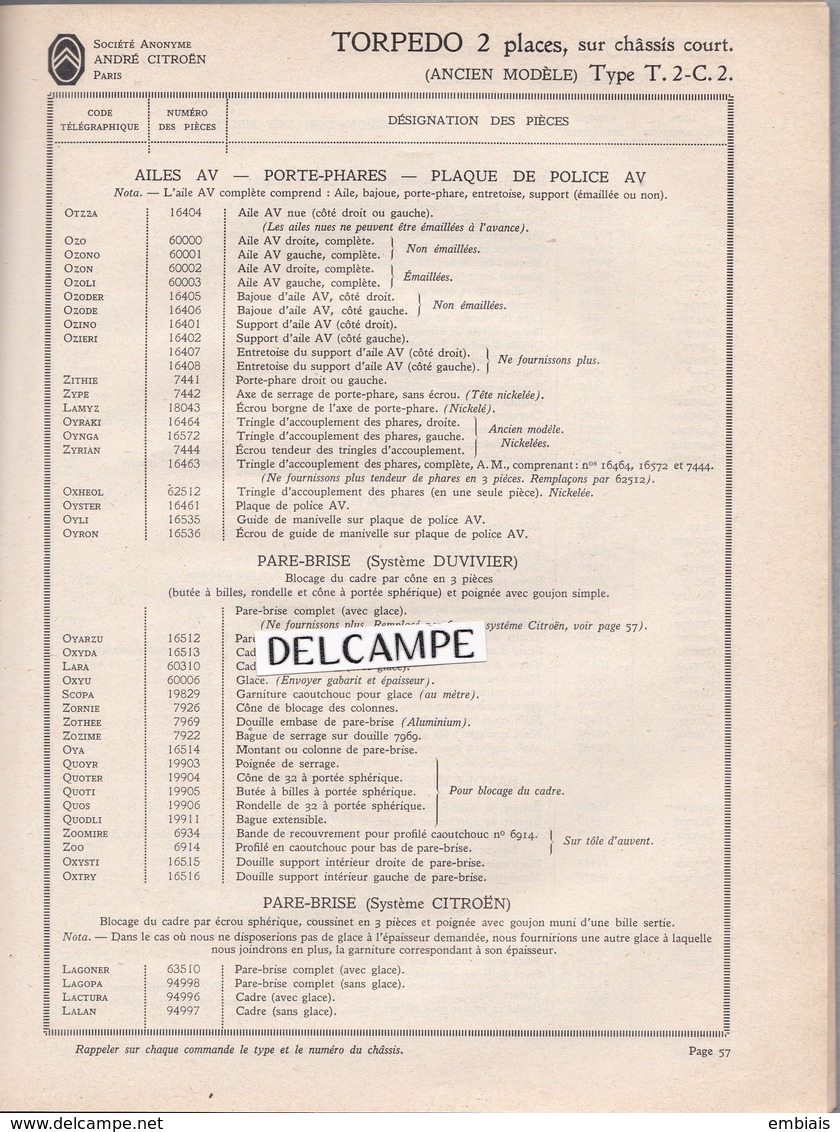 CITROËN Catalogue Pièces Détachées 5 HP Réservé Aux Concessionnaires Agents Et Stockistes, 2e édition.1922 - Auto