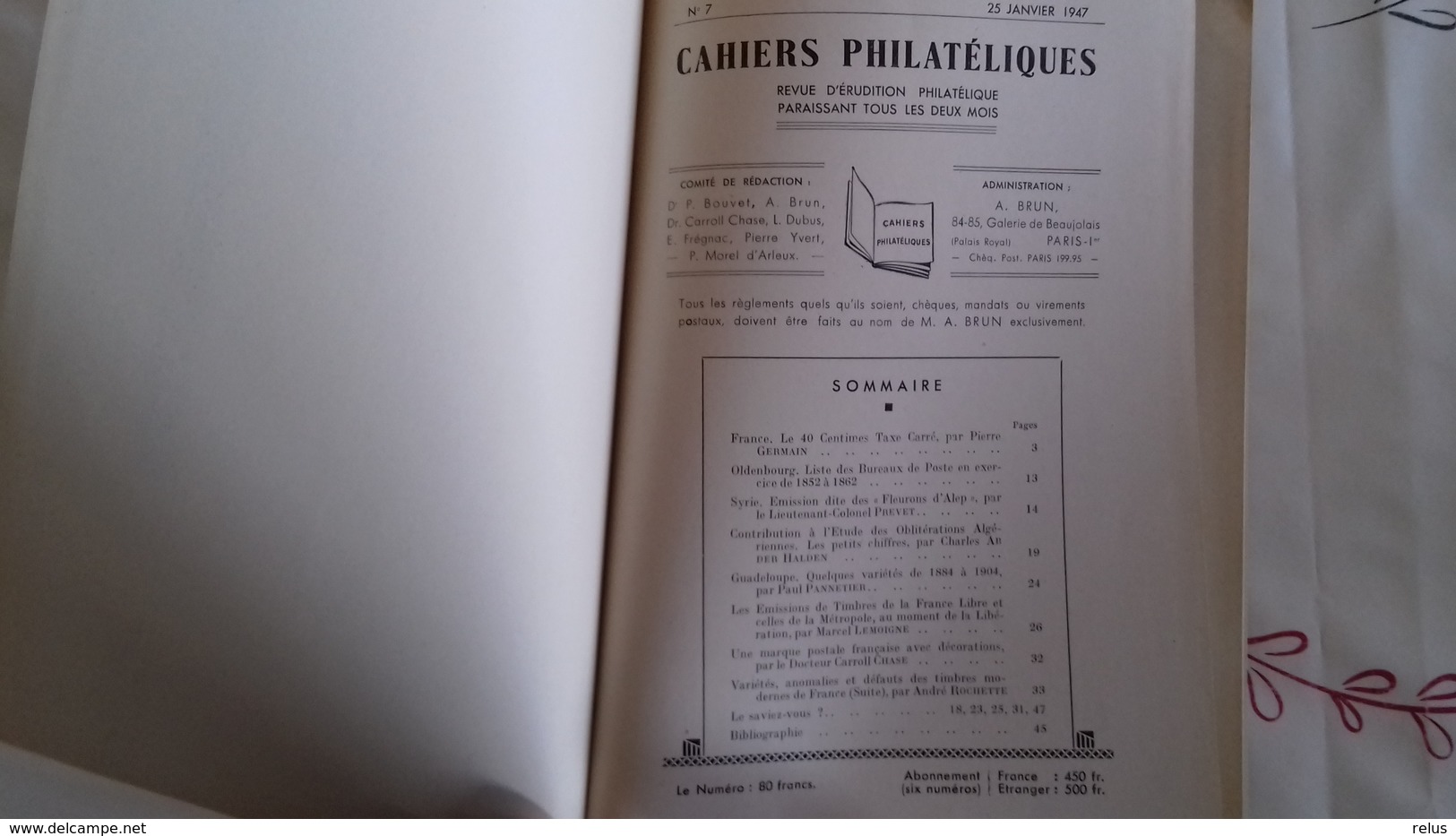 Cahiers Philatéliques N° 7 Janvier 1947 - Philatélie Et Histoire Postale