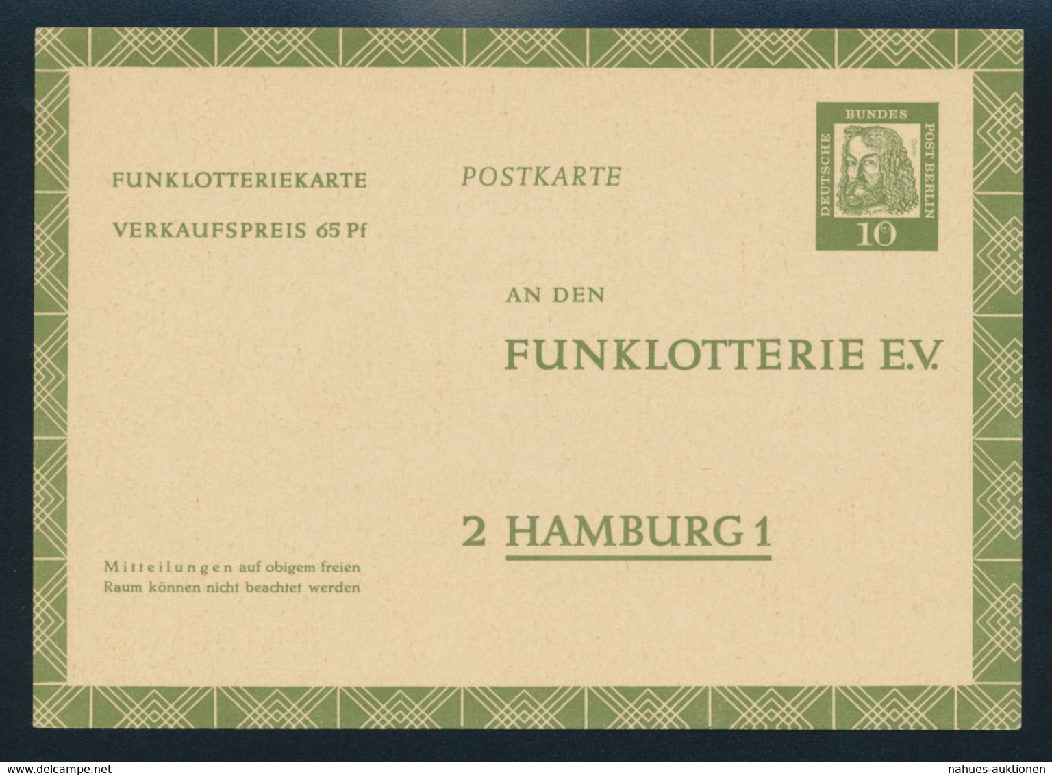 Berlin 1962 10 Pfg. Funklotterie-Ganzsache Dürer Ungelaufen - Sonstige & Ohne Zuordnung