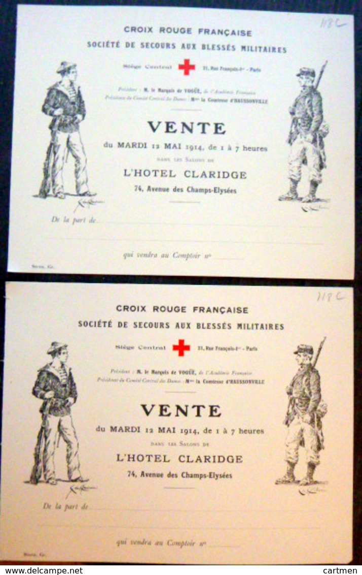 CROIX ROUGE 2 CARTES INVITATION  SECOURS AUX BLESSES MILITAIRES VENTE MAI 1914 HOTEL CLARIDGE - 1801-1848: Précurseurs XIX