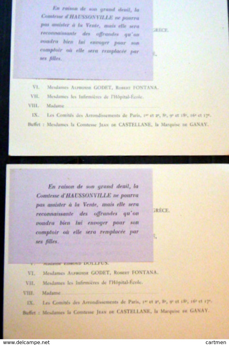 CROIX ROUGE 2 CARTES INVITATION  SECOURS AUX BLESSES MILITAIRES VENTE MAI 1914 HOTEL CLARIDGE - 1801-1848: Précurseurs XIX