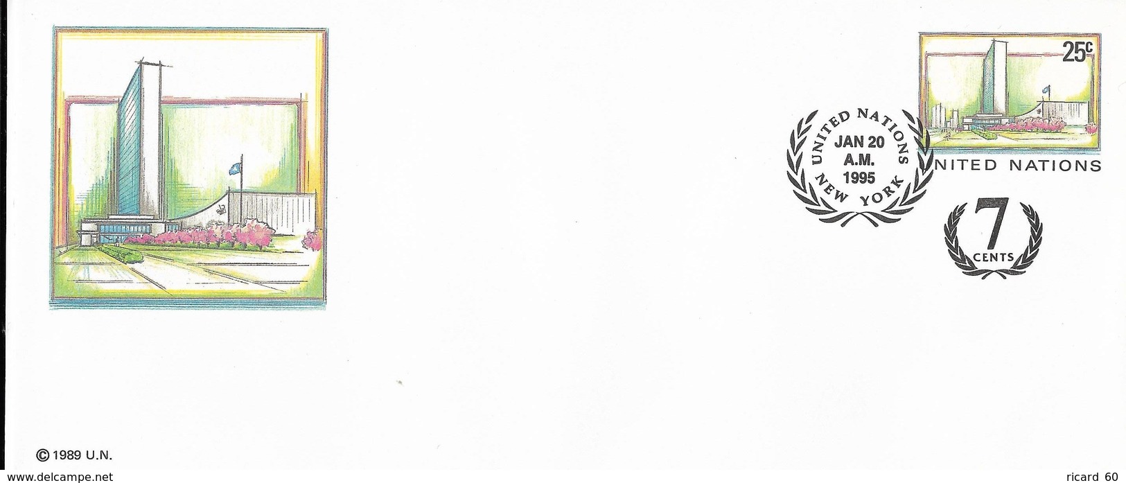 Onu, United Nations, Nations Unies,new York, Entier Postal 1995, Env Fdc, 25c + 7 Cents , UN Headquarter, 241x106 - Briefe U. Dokumente