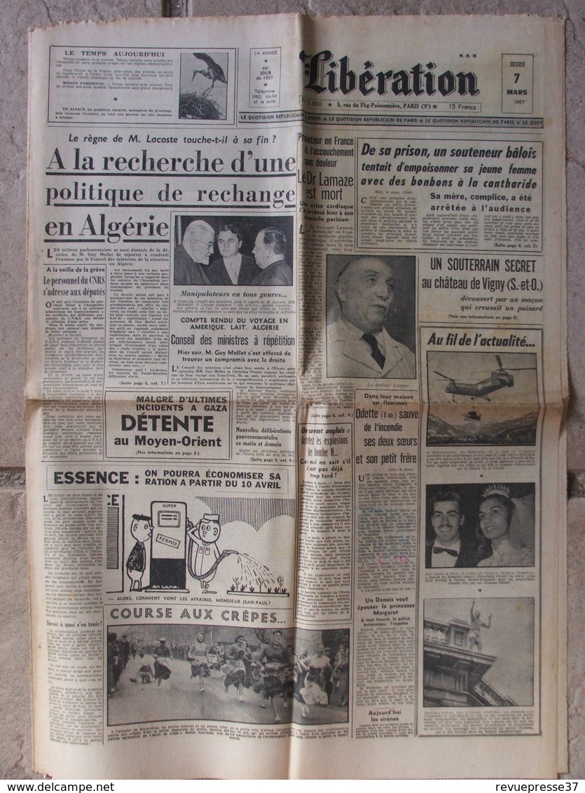 Journal Libération (7 Mars 1957) Politique Rechange En Algérie - Mort Dr Lamaze - Château De Vigny- Suicide L Ben M'Hidi - 1950 à Nos Jours