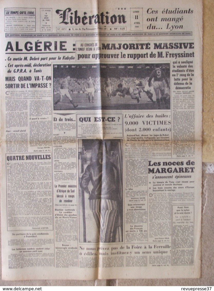 Journal Libération (11 Avril 1960) Algérie - Congrès UNEF - Enquête Cuba An II - Affaires Des Huiles - B Bardot - 1950 à Nos Jours