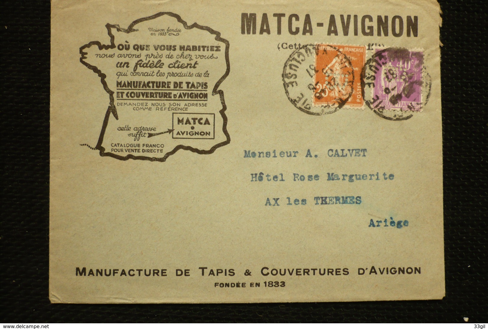 Perfin Lochung Semeuse N°235 + Paix   Perforé B 4 Sur Lettre Matca Tapis Avignon 1937 - Autres & Non Classés