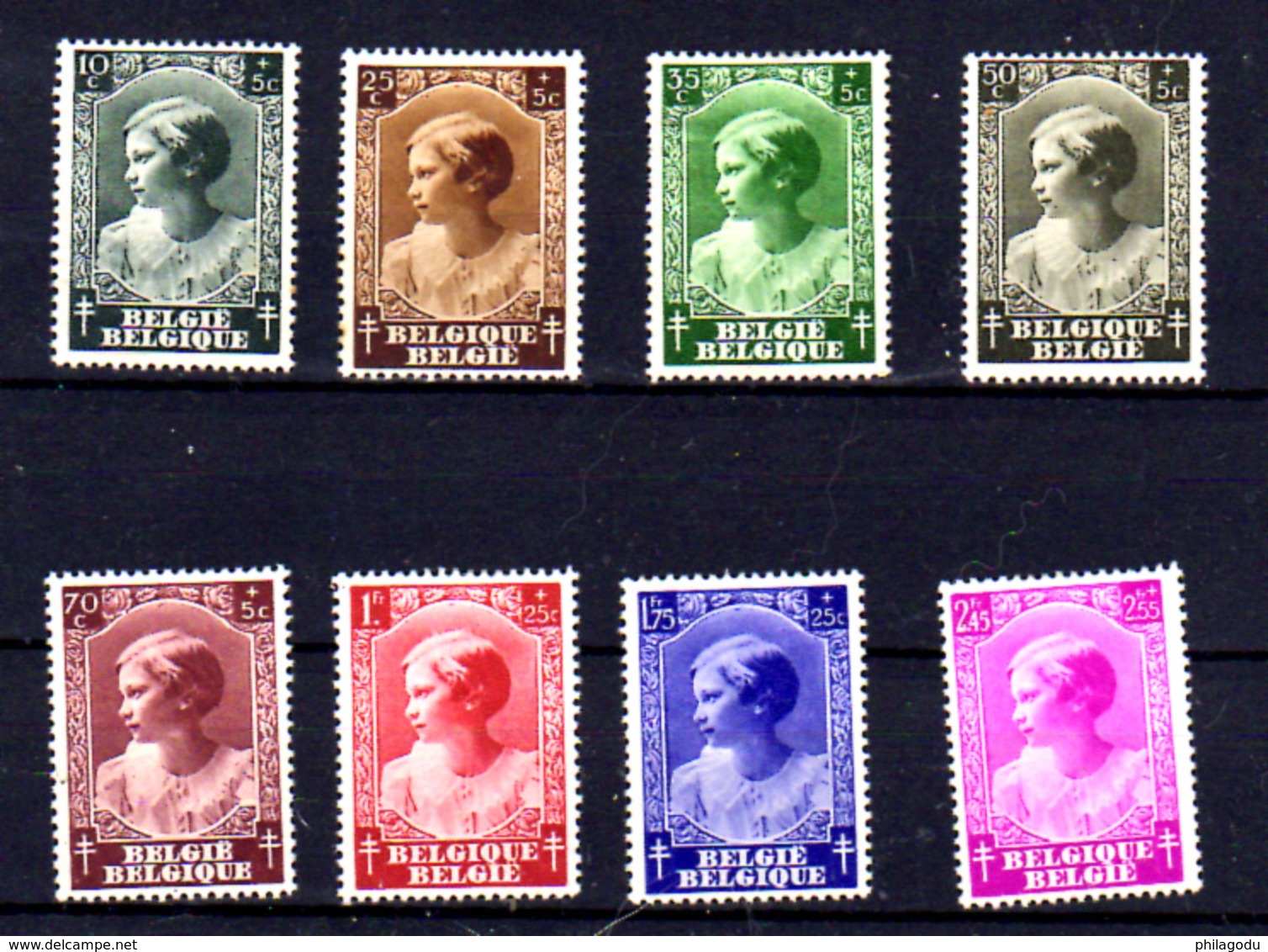 1937 Belgique, Princesse Joséphine-Charlotte, 458 / 465*(avec Défaut) Cote  10 €, - Unused Stamps