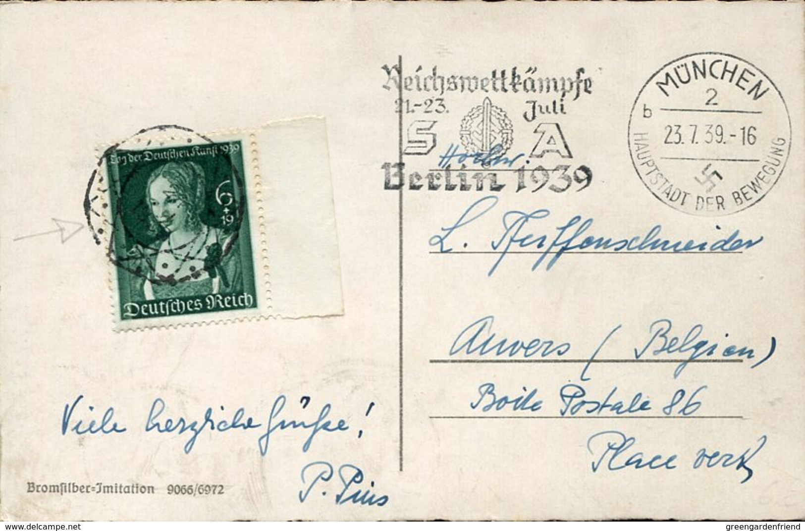 40534 Germany Reich, Circuled Card 1939 From Munchen To Belgium With Stamp Albrecht Durer, The Venetian - Other & Unclassified