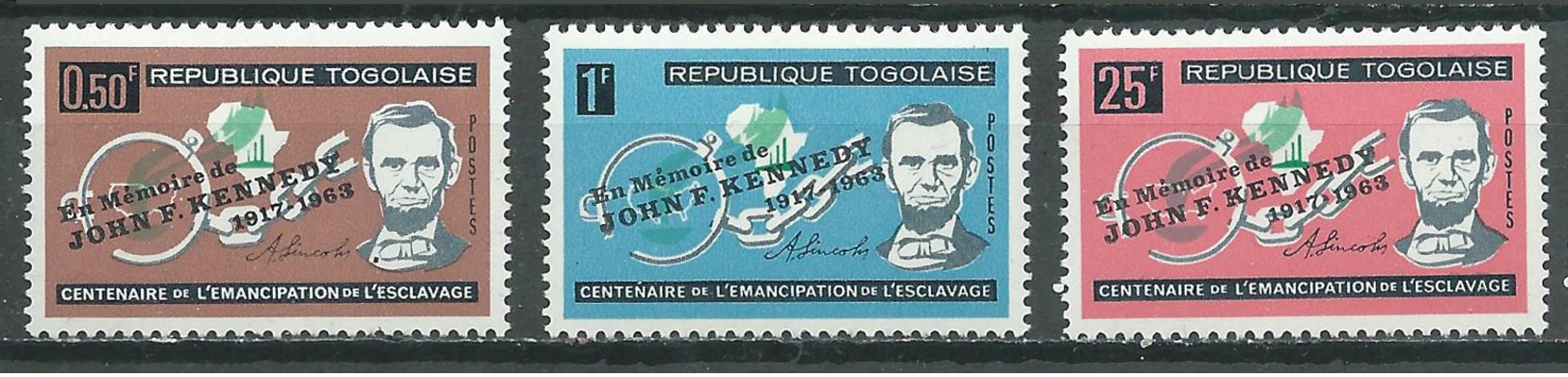 Togo YT N°406/408 Abolition De L'esclavage Surchargé En Mémoire De John F. Kennedy Neuf ** - Togo (1960-...)