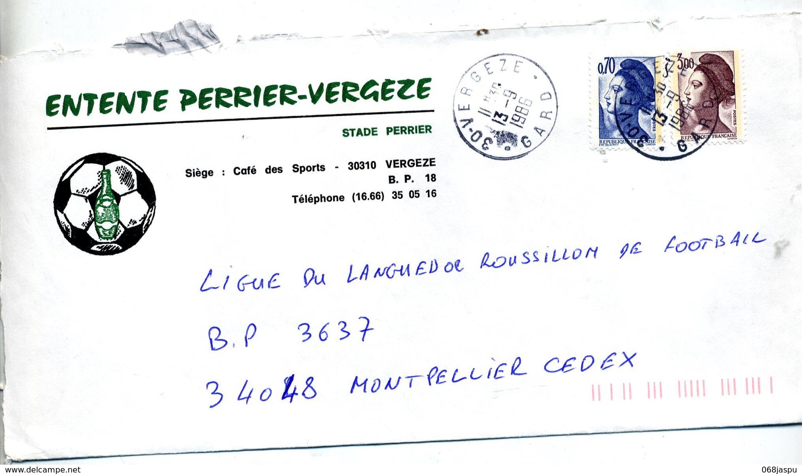 Lettre Cachet Vergeze Entete Football Illustré Eau Perrier - Manual Postmarks