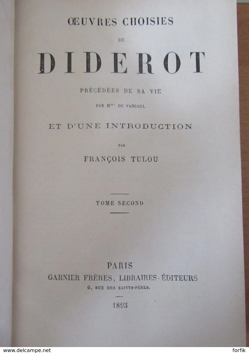 DIDEROT - Oeuvres Choisies - par François Tulou en 2 volumes - 1893 - Excellent état