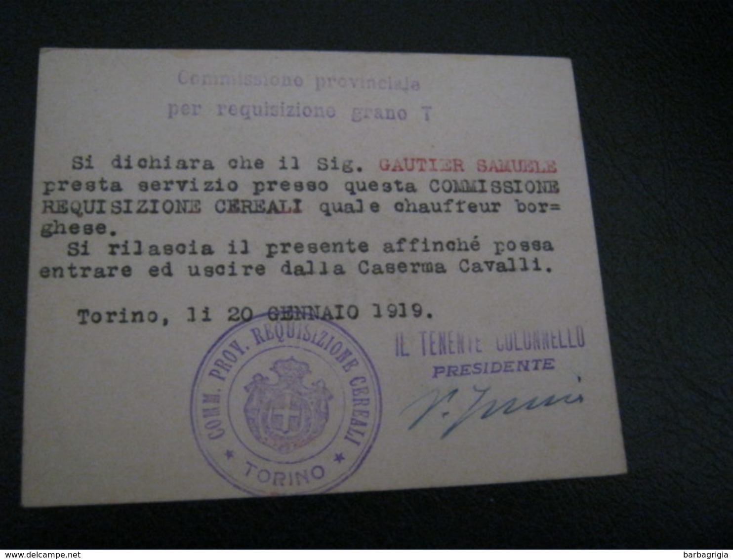 TESSERA COMMISSIONE PROVINCIALE PER REQUISIZIONE GRANO T 1919 - Documentos Históricos