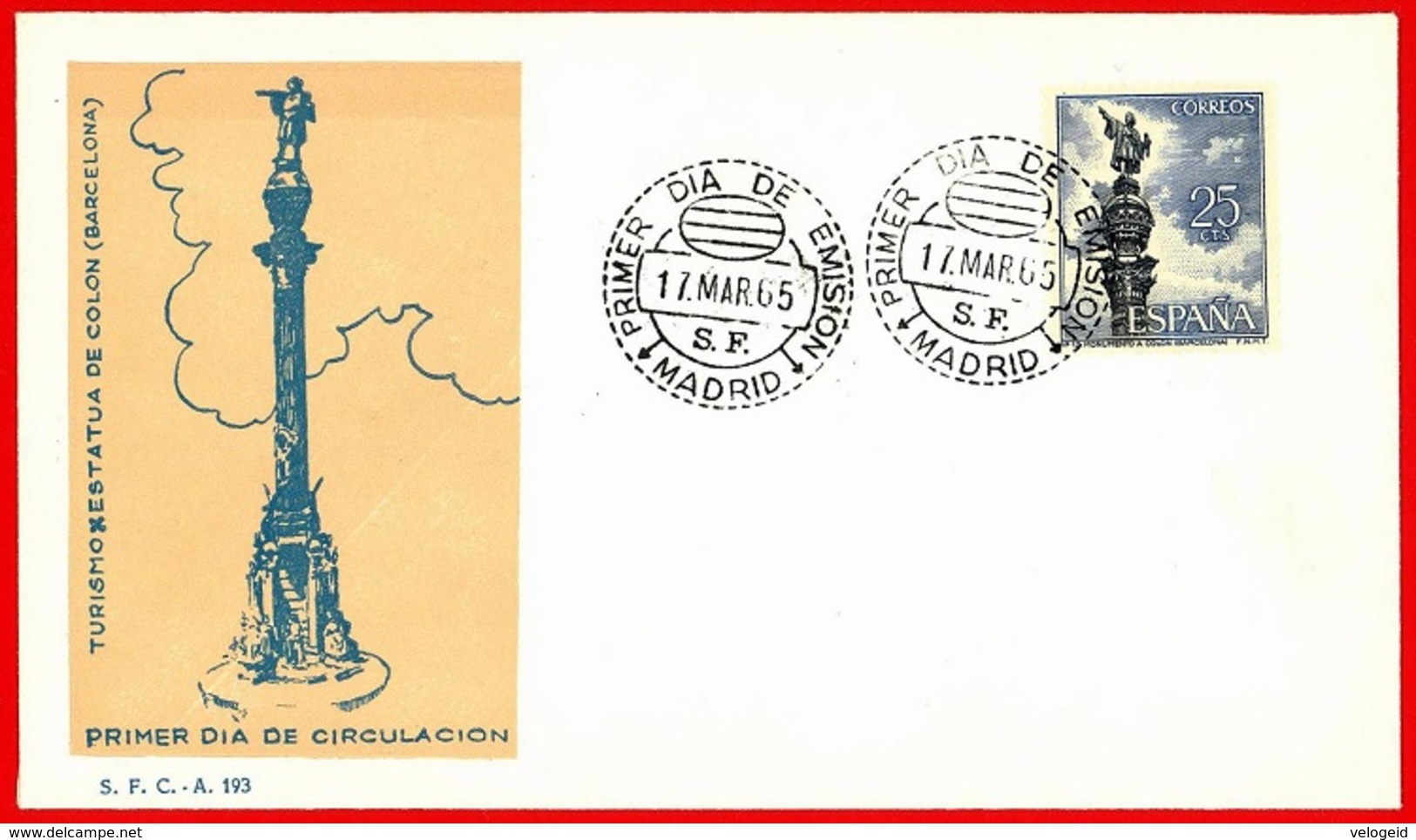 España. Spain. 1965. FDC. Tourism. Monumento A Colon. Barcelona - FDC