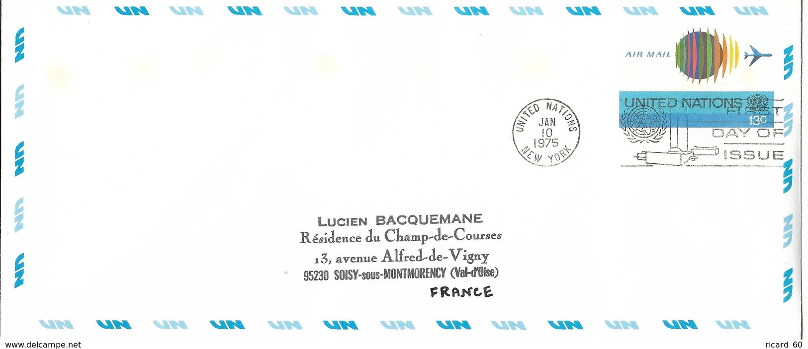 Onu, United Nations, Nations Unies,new York, Entier Postal 1975, Env Fdc13c , Poste Aérienne,avion,air Mail, 240x106 - Lettres & Documents