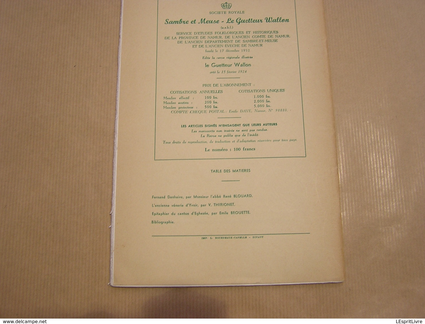 LE GUETTEUR WALLON N° 3 1965 Régionalisme Vénerie Yvoir Epitaphier Canton Eghezée Publicité Forges Fonderies Ciney - Belgio