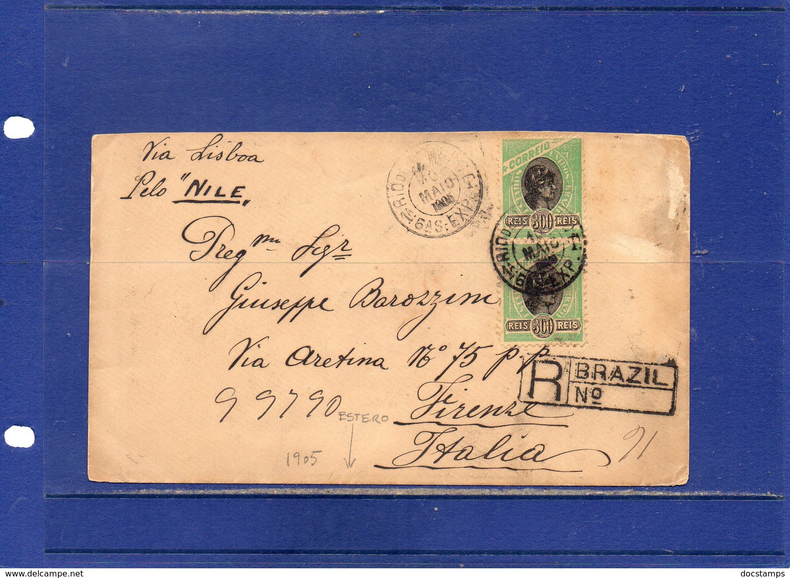 ##(ROYBOX1)-Postal History-Brazil 1905-Registered Cover From Rio De Janeiro To Firenze-Italy Via Lisbon,tondo Riquadrato - Storia Postale