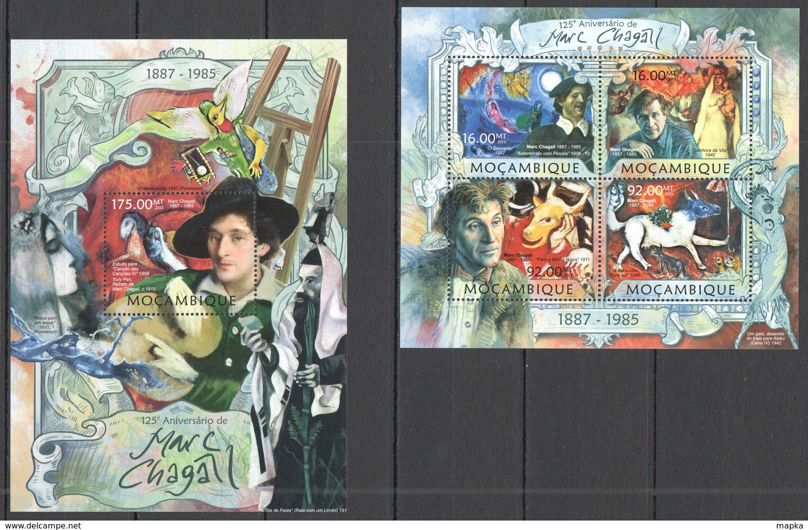 VV987 2013 MOZAMBIQUE MOCAMBIQUE ART PAINTINGS 125TH ANNIVERSARY MARC CHAGALL KB+BL MNH - Altri & Non Classificati