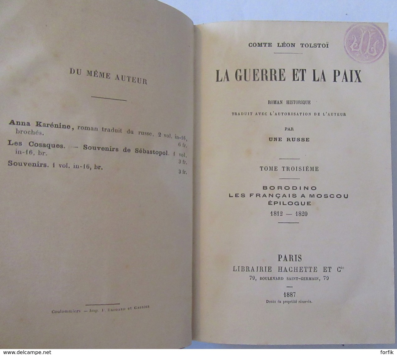 TOLSTOÏ : Livre La Guerre et la Paix en 3 volumes traduite par la Princesse Russe Irina Paskevitch - 3e édition - TBE