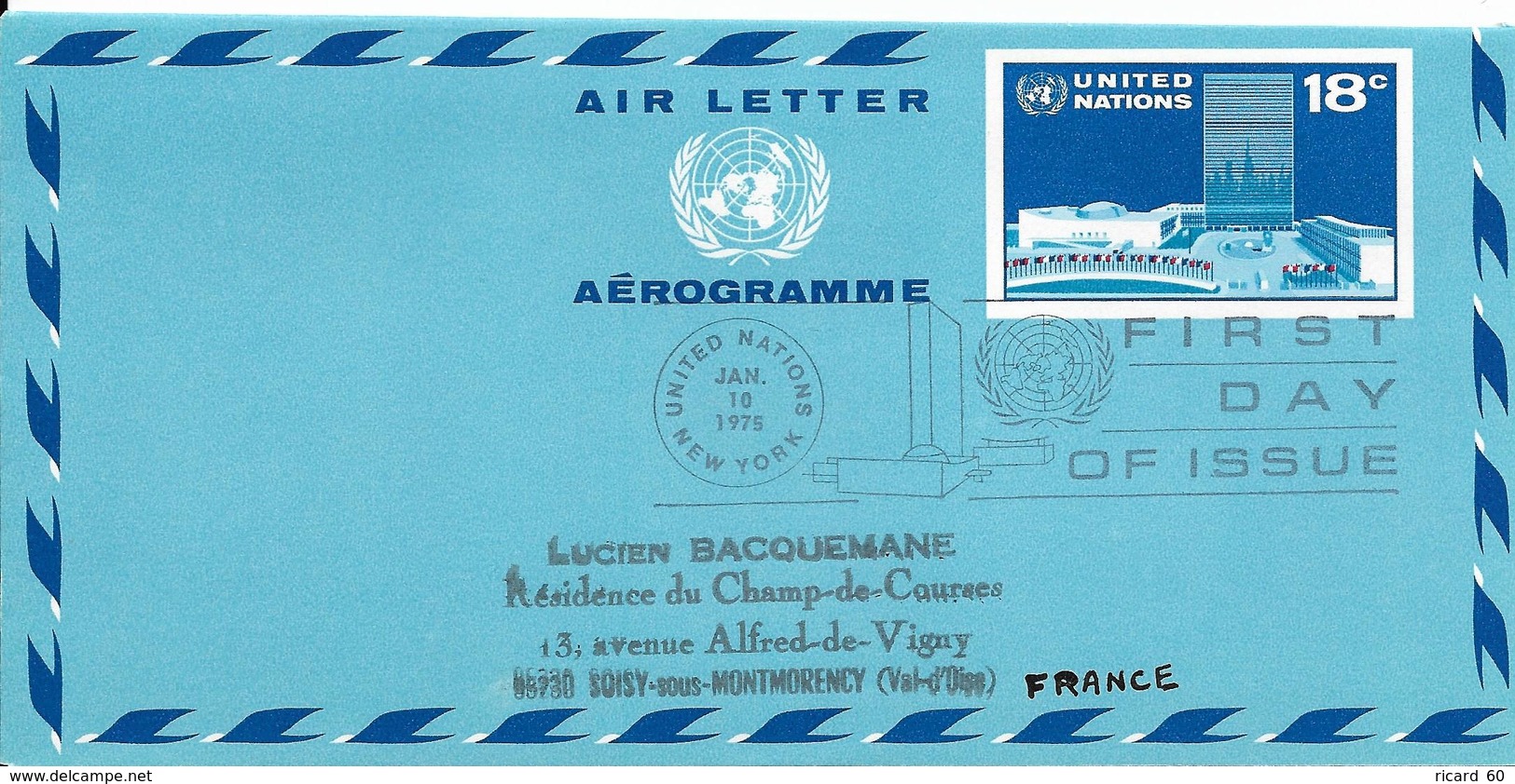 Onu, United Nations, Nations Unies,new York, Entier Postal 1975, Aérogramme  Fdc 18c, Air Letter, Par Avion, Headquarter - Lettres & Documents