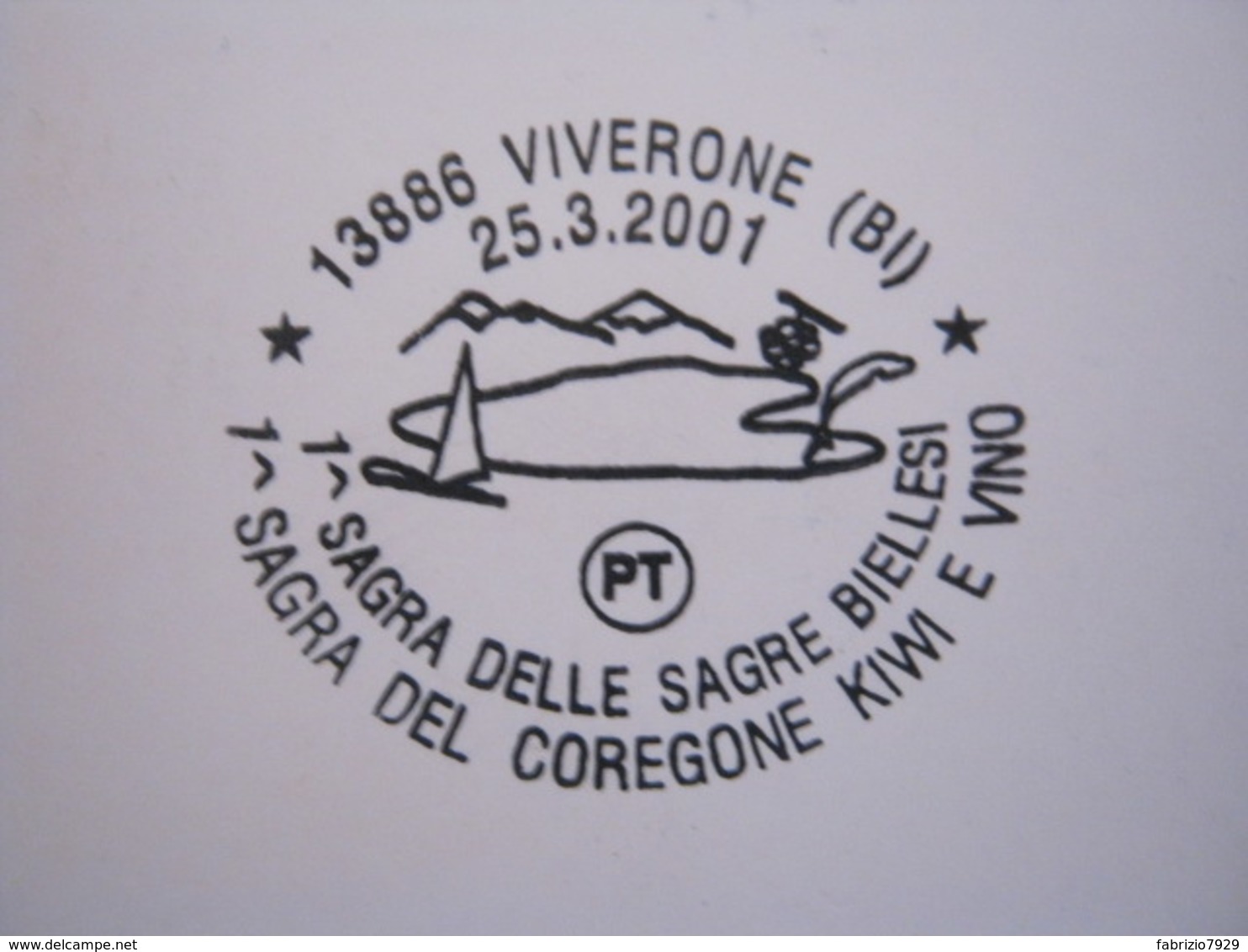 A.04 ITALIA ANNULLO - 2001 VIVERONE BIELLA SAGRA DEL COREGONE KIWI E VINO BARCA VELA LAGO LAKE BIELLESE - Peces