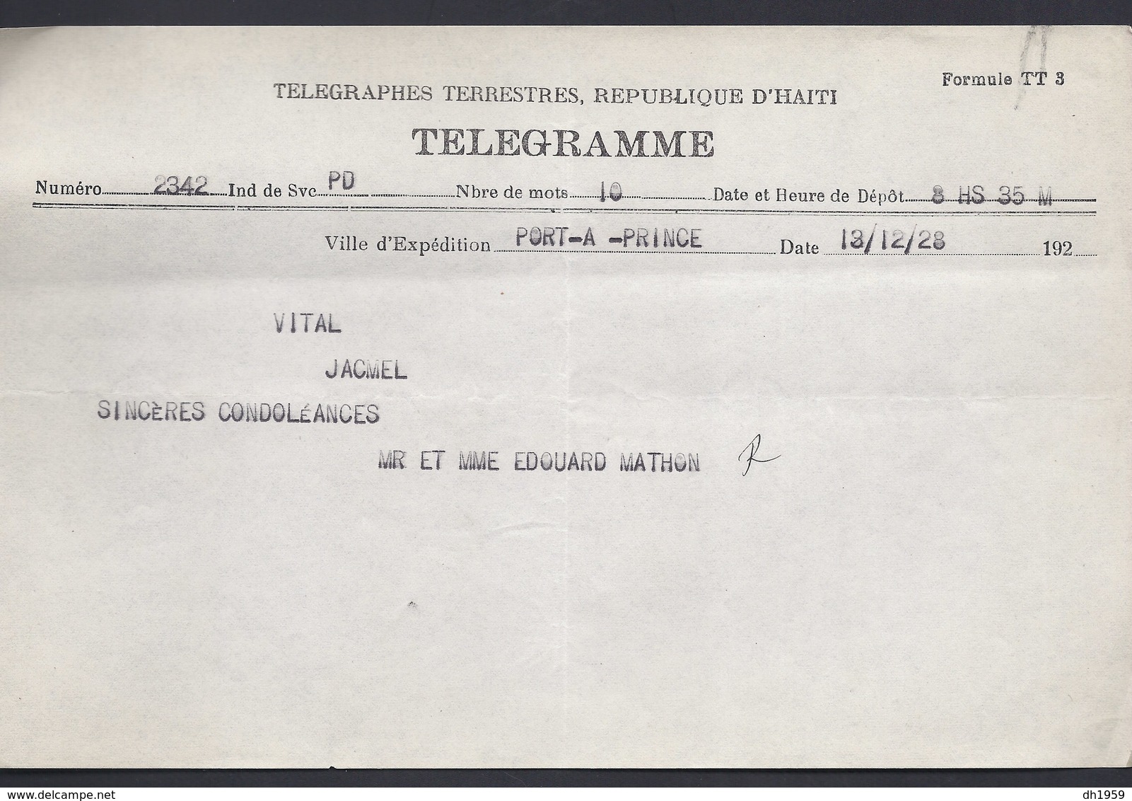 TELEGRAMME TELEGRAPHES TERRESTRES REPUBLIQUE HAITI PORT - AU - PRINCE 1928  VITAL JACMEL - Haití