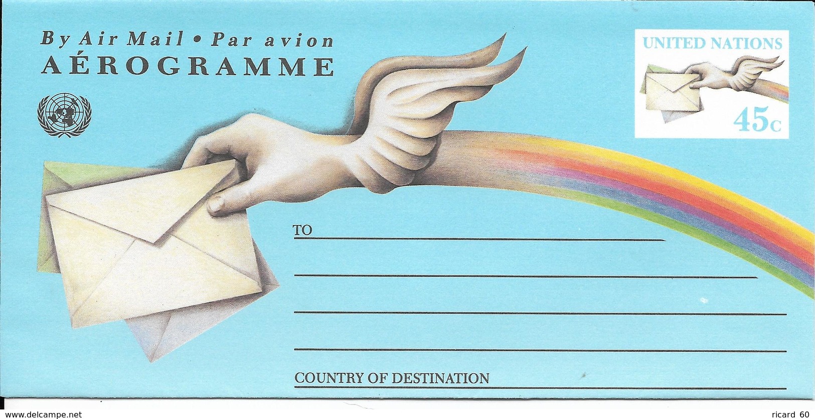 Onu, United Nations, Nations Unies,new York, Entier Postal 1992, Aérogramme Neuf 45c , Par Avion,lettres, Ailes - Storia Postale
