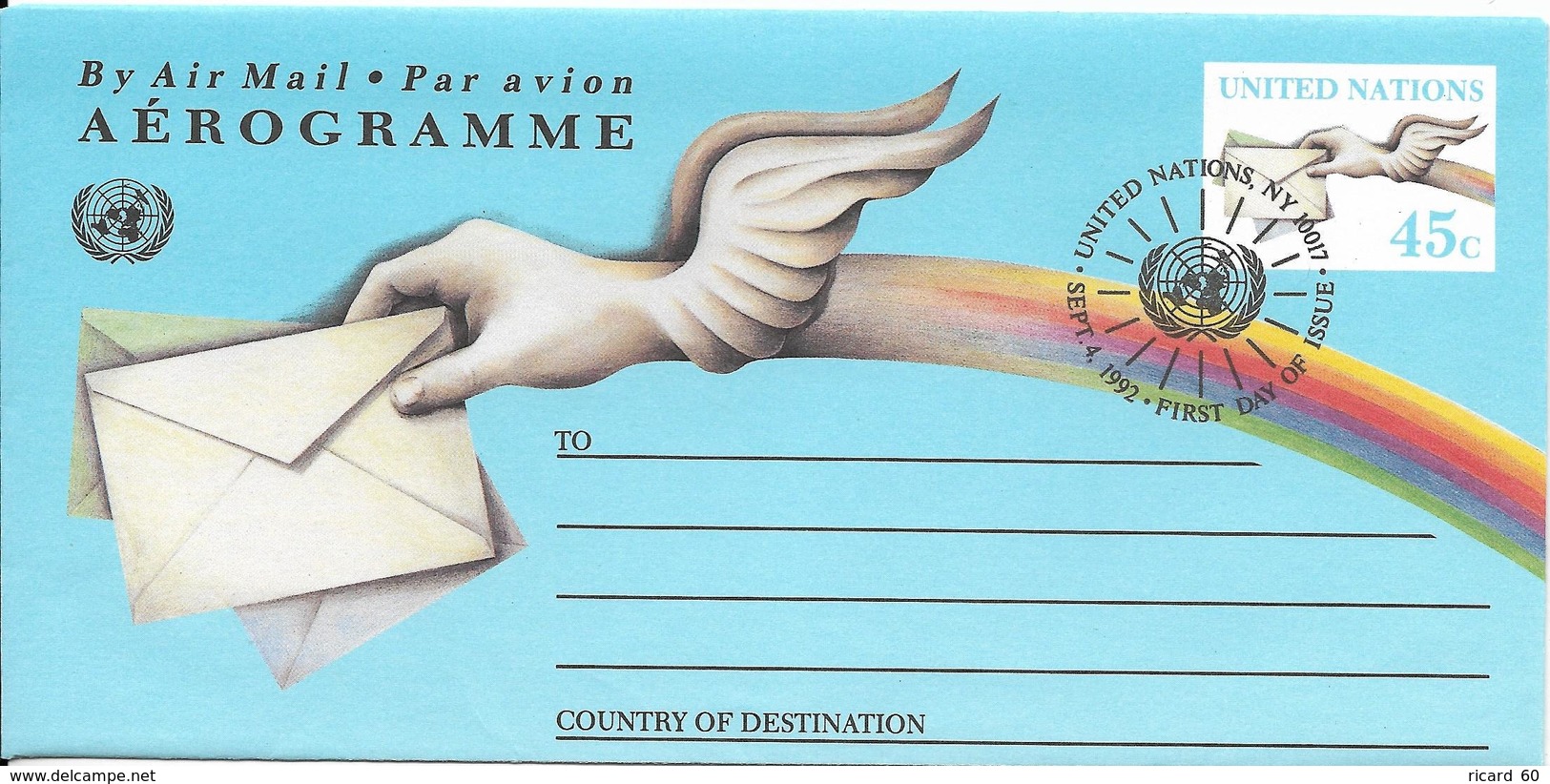 Onu, United Nations, Nations Unies,new York, Entier Postal 1992, Aérogramme Fdc 45c , Par Avion,lettres, Ailes - Storia Postale