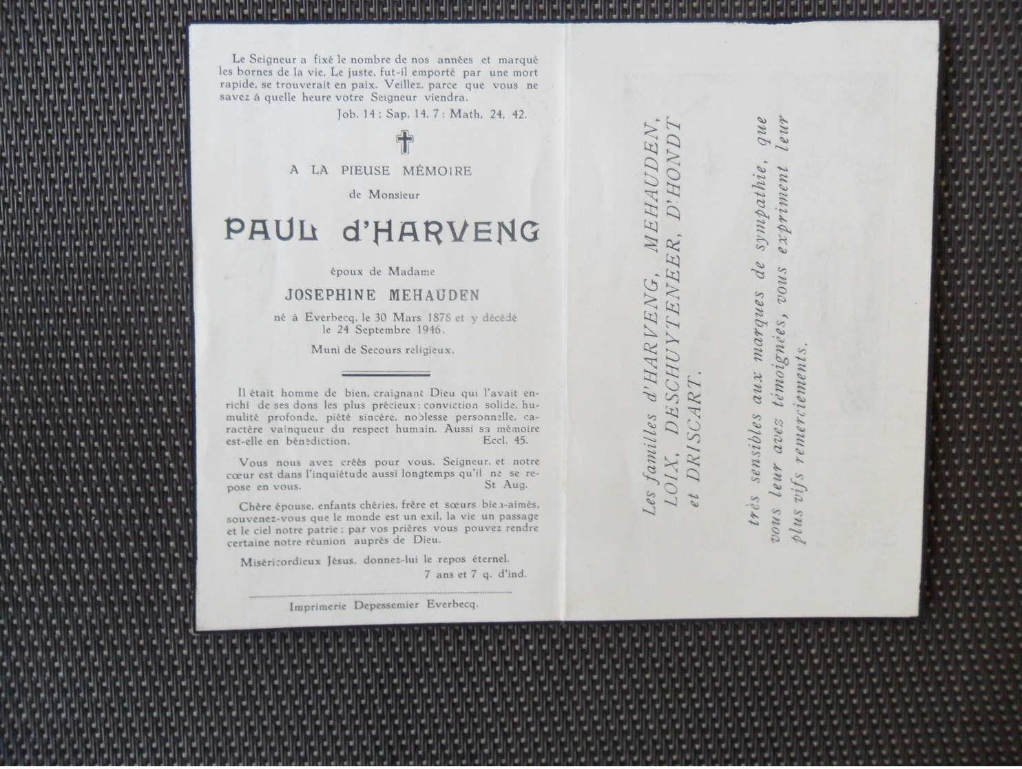 Doodsprentje ( G 165 ) D'Harveng / Mehauden  -  Everbecq Everbeek   -  1946 - Obituary Notices