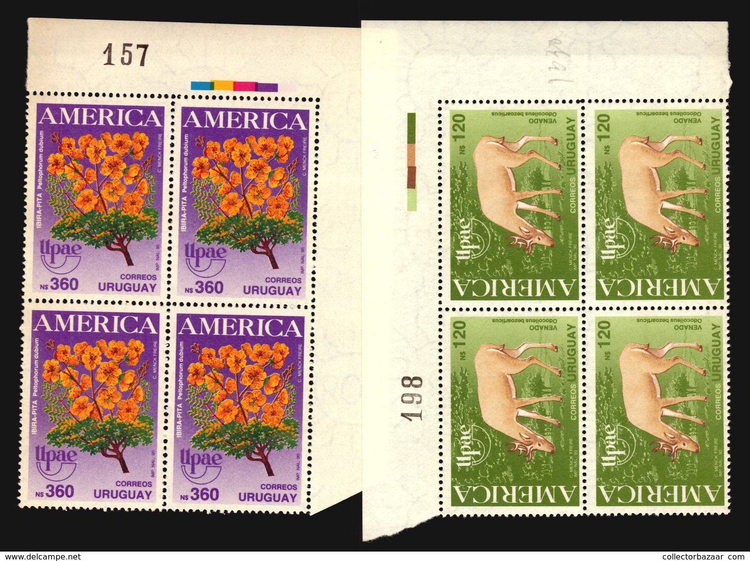 AMERICA UPAEP 1991 ARBOL FLORES FAUNA CIERVO TREE FLOWER DEER URUGUAY MNH BLOCK OF 4 - Emisiones Comunes