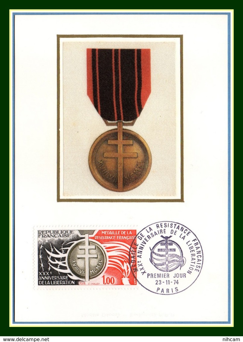 Carte Maximum Silk Soie France N° 1821 Libération 1974 Médaille De La Résistance Guerre 39 45 - Militares