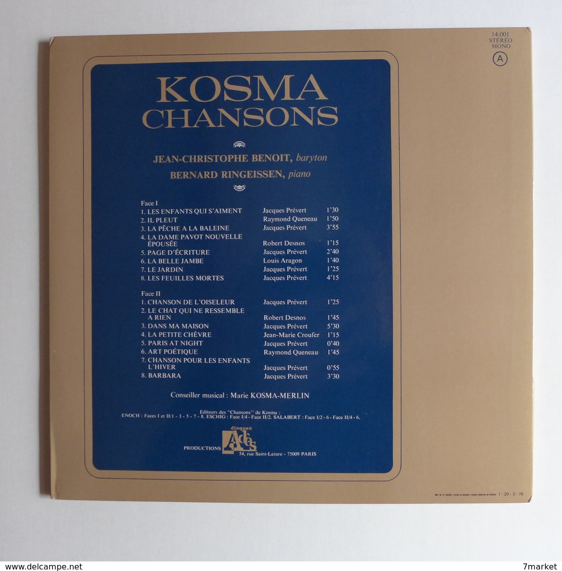 LP/ Kosma Chansons. Prévert - Queneau - Aragon - Desnos / Jean-Christophe Benoit, Bernard Ringeissen - Autres - Musique Française