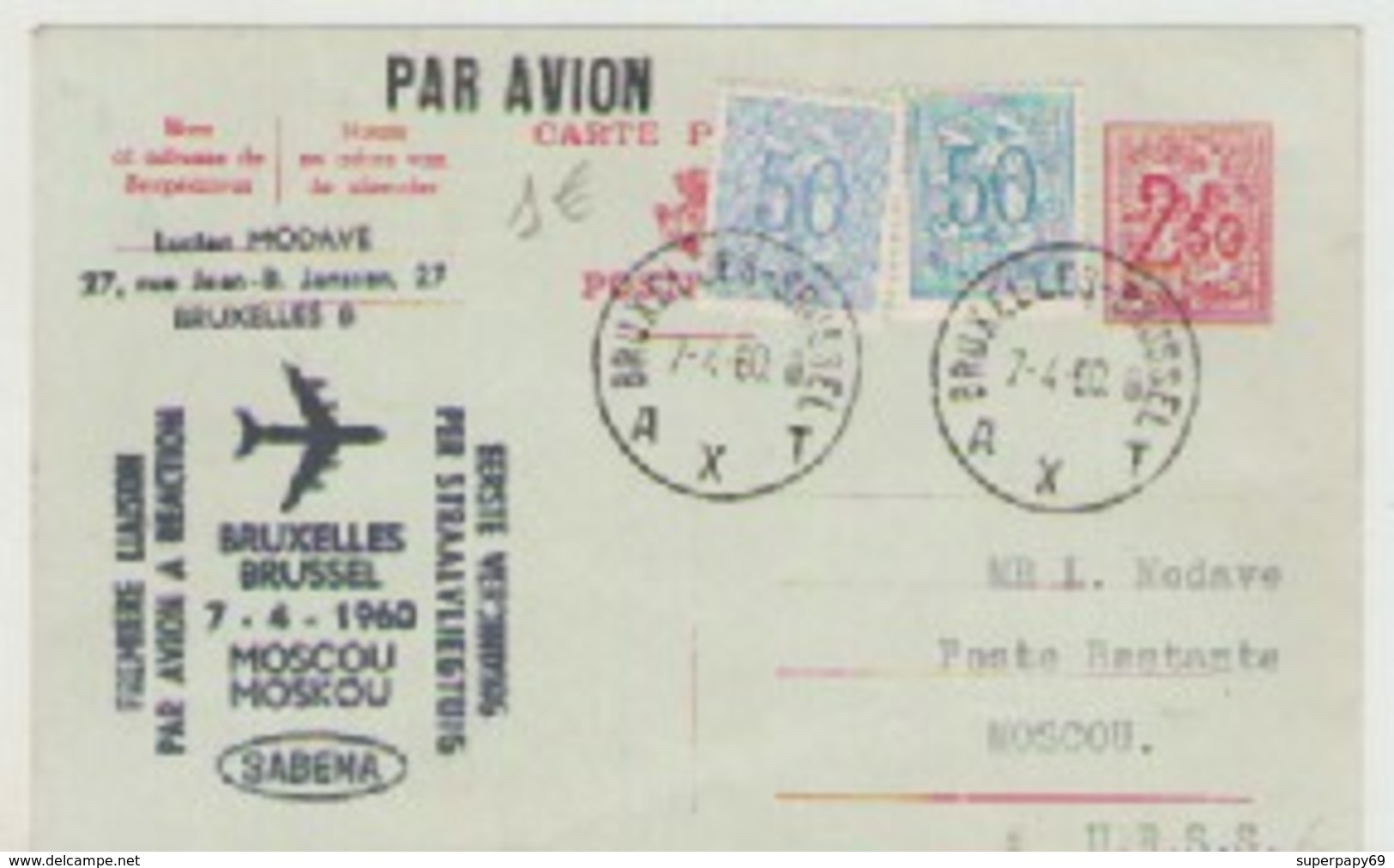 BRUXELLES - MOSCOU  PAR  AVION  07-04-1960 - Collections