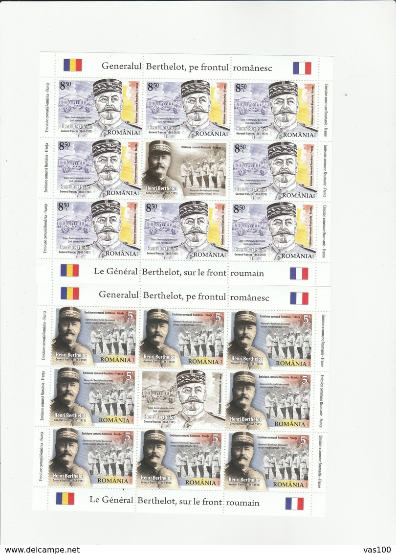 ROMANIA 2018:JOINT ISSUE WITH FRANCE - GENERAL BERTHELOT Set Of 2 MNH Sheets. - Emissions Communes