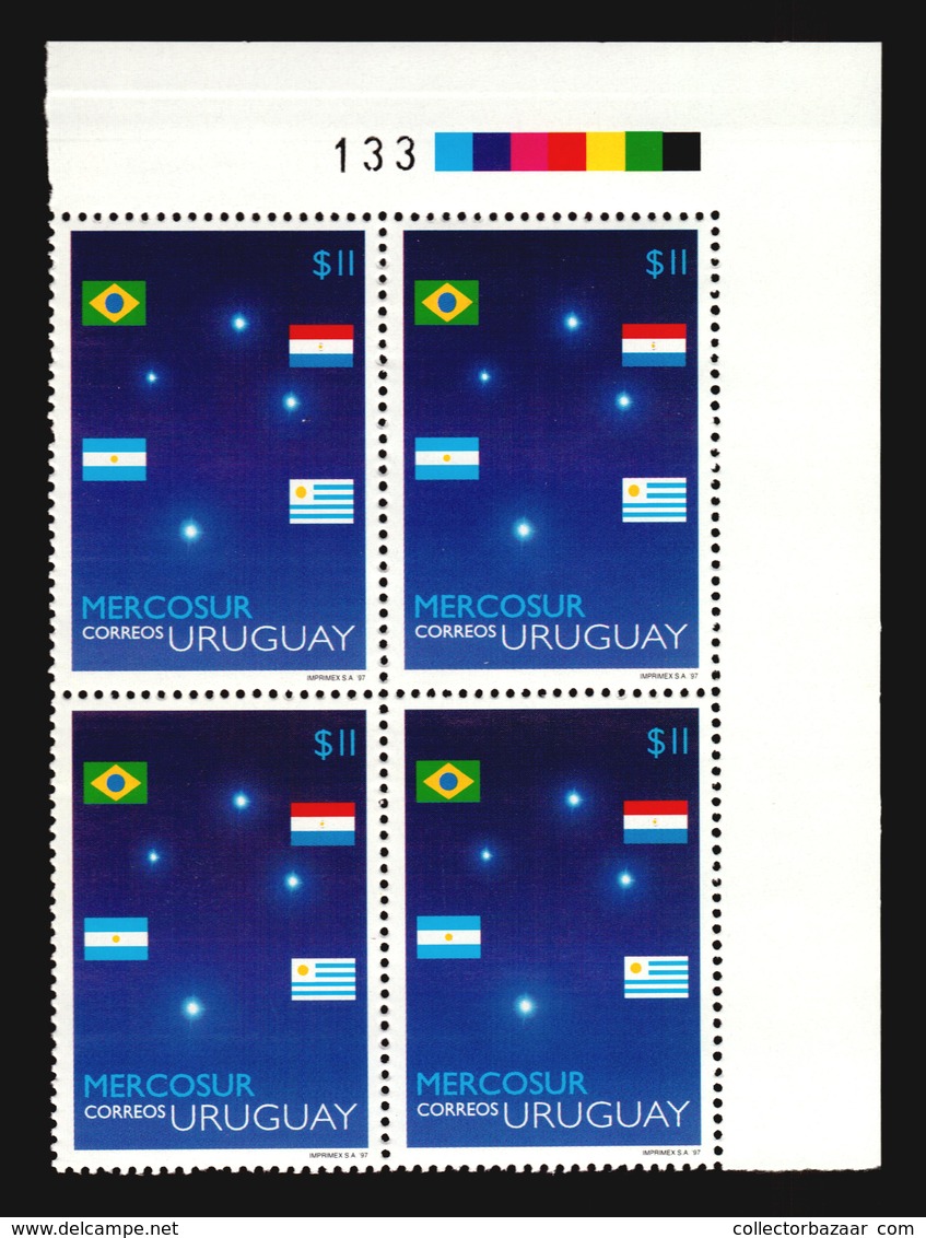 SERIE MERCOSUR ESTRELLAS CRUZ DEL SUR CONSTELACIONES BANDERAS STARS CONSTELLATION SKY URUGUAY MNH BLOCK OF 4 CV$12 - Emisiones Comunes